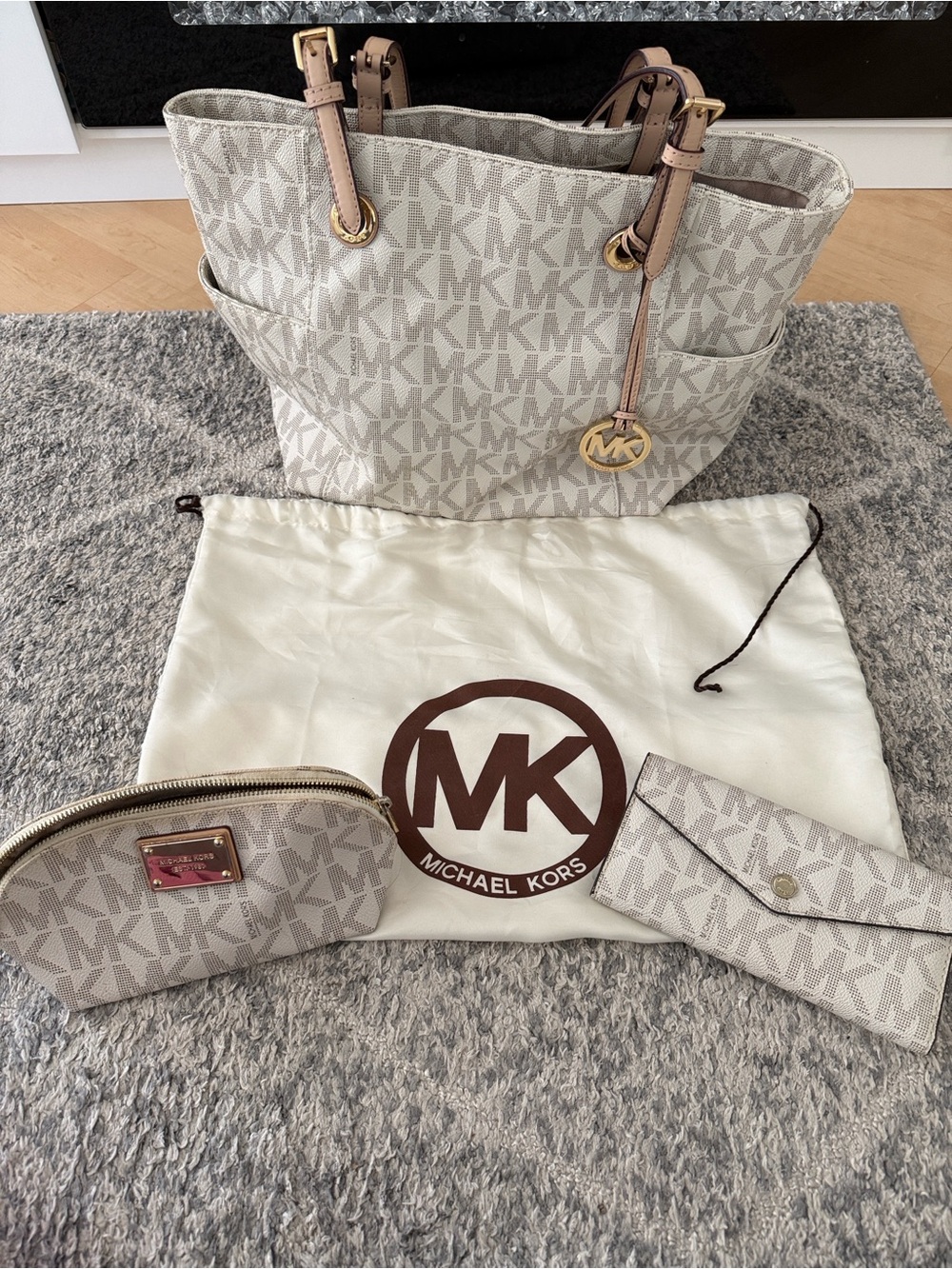 Michael Kors Cream Signature Gold MK Logo Jet-Set tote, cosmetic bag, & wallet